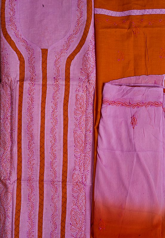Pink-Lavender Salwar Kameez Fabric with Kantha Embroidery by Hand