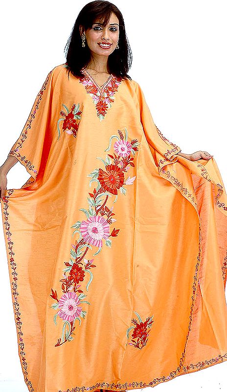 Pink-Orange Kaftan with Floral Aari Embroidery