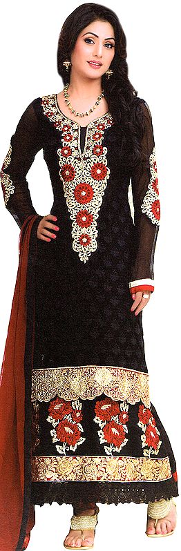 Pirate-Black Long Kameez Choodidaar Suit with Metallic Thread Embroidery and Gota Border