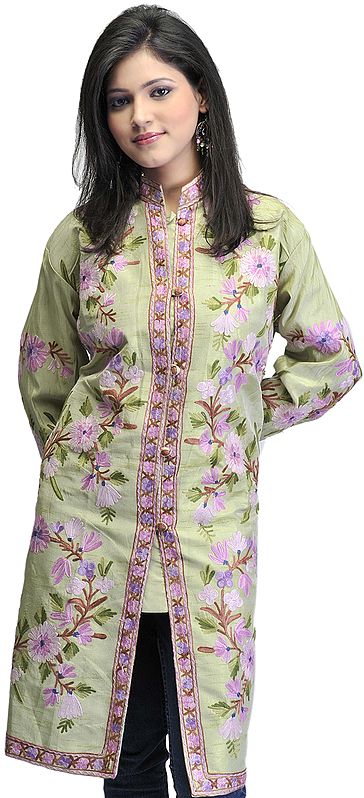 Pistachio-Green Long Kashmiri Jacket with Aari Embroidered Flowers