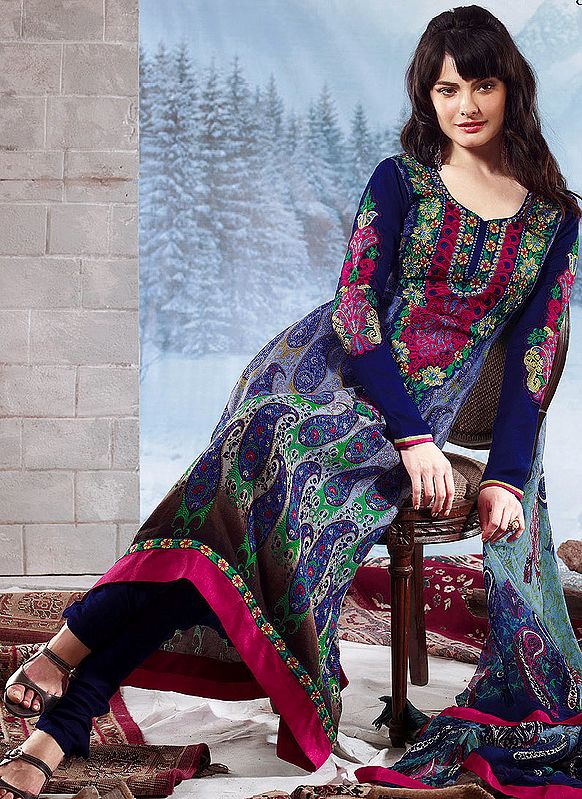 Placid-Blue Long Choodidaar Kameez Suit with Embroidery on Neck and Printed Paisleys