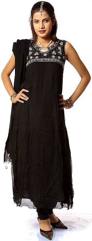 Plain Black Anarkali Flaired Suit with Floral Embroidery and Mirrors