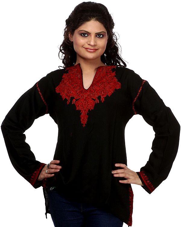 Plain Black Kurti From Kashmir with Hand Embroidered Paisleys in Red