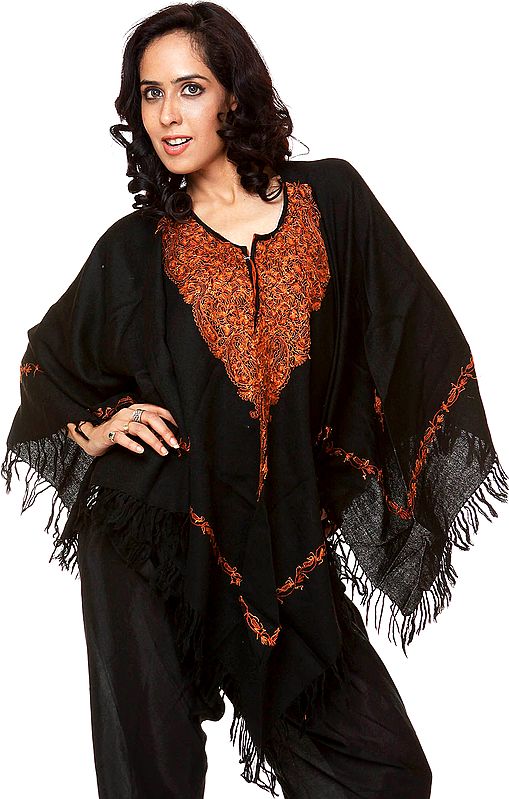 Plain Black Poncho with Aari Embroidery by Hand on Neck and Border