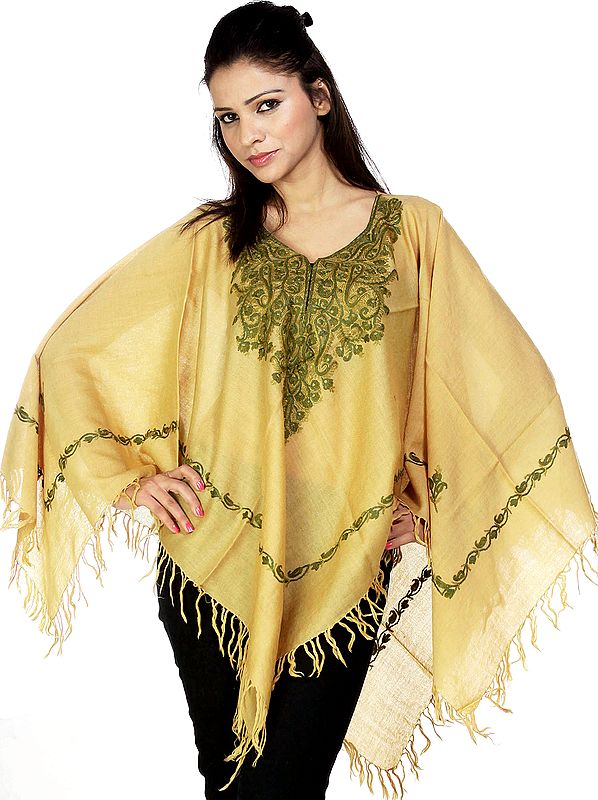 Plain Khaki Poncho with Aari Embroidery by Hand on Neck and Border