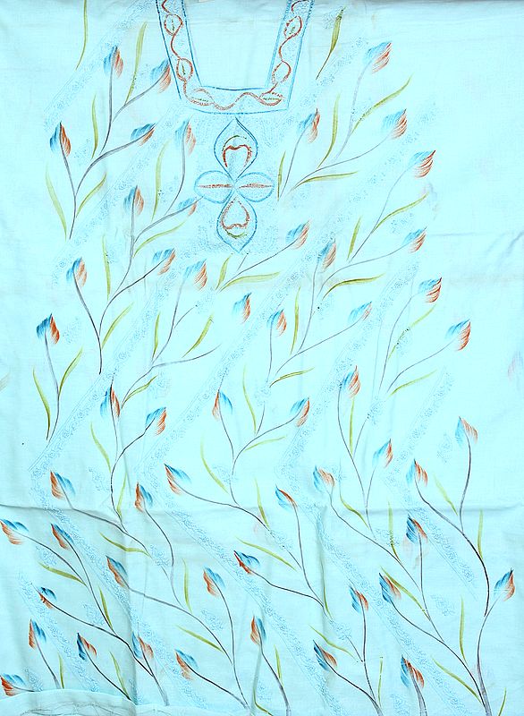 Plume-Blue Salwar Kameez Painted Fabric with Lukhnavi Chikan Embroidery