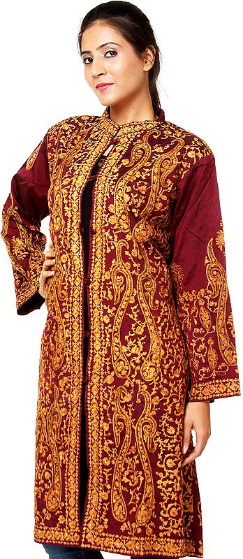 Plum-Wine Long Jacket with Embroidered Paisleys and Sequins