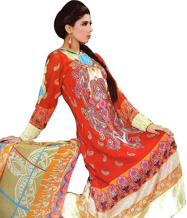 Poinsettia-Red Printed Lawn Suit from Pakistan with Embroidered Motif