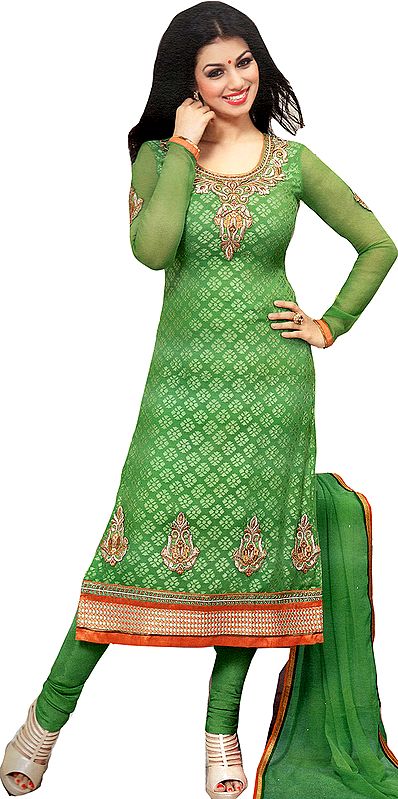 Poison-Green Kameez and Choodidaar Suit with Patch on Neck and Border