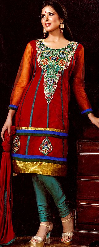 Pompeaian Red Designer Choodidaar Suit with Crewel Embroidered Flowers and Patch Border