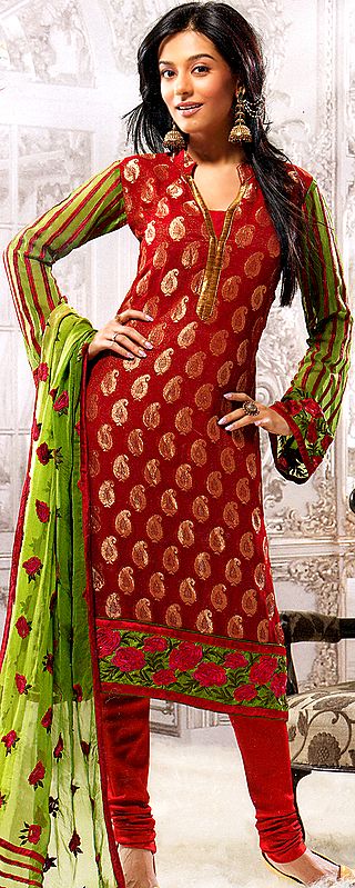 Pompeian-Red Brocaded Salwar Choodidaar Suit with Woven Paisleys and Floral Patch Border