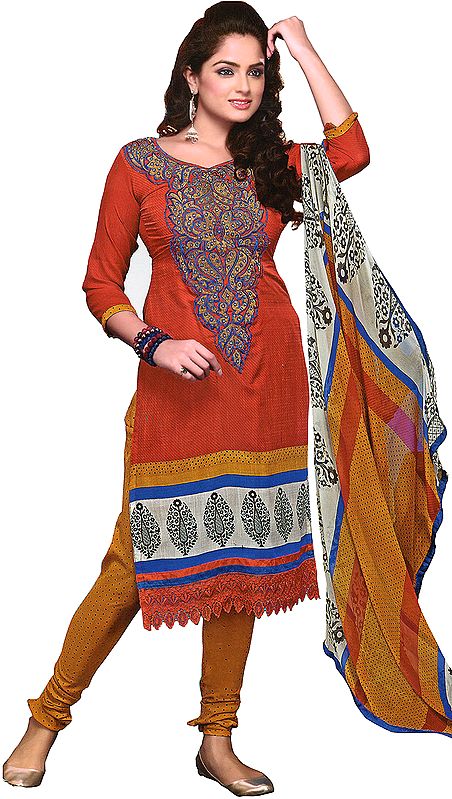 Pompeian-Red Kameez and Choodidaar Suit with Patch on Neck and Crochet Border
