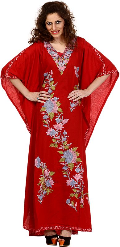 Pompeian-Red Kashmiri Kaftan with Aari Embroidered Flowers