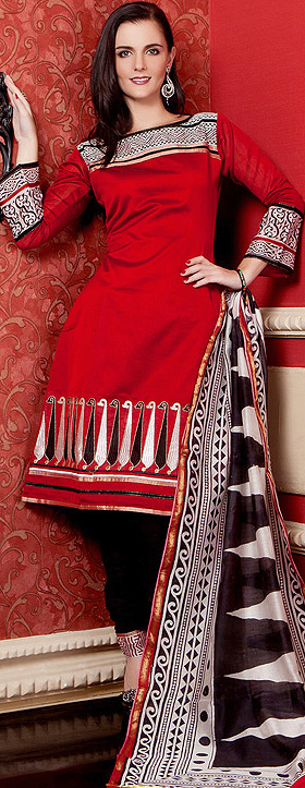 Pompeian-Red Printed Choodidaar Kameez Suit with Metallic Thread Embroidered Paisleys and Patchwork