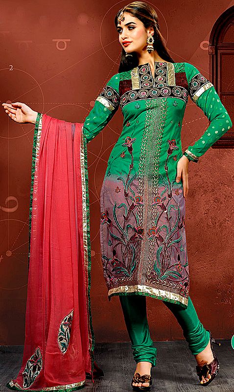 Pool-Green Wedding Choodidaar Kameez Suit with Crewel Embroidered Flowers and Patch Border