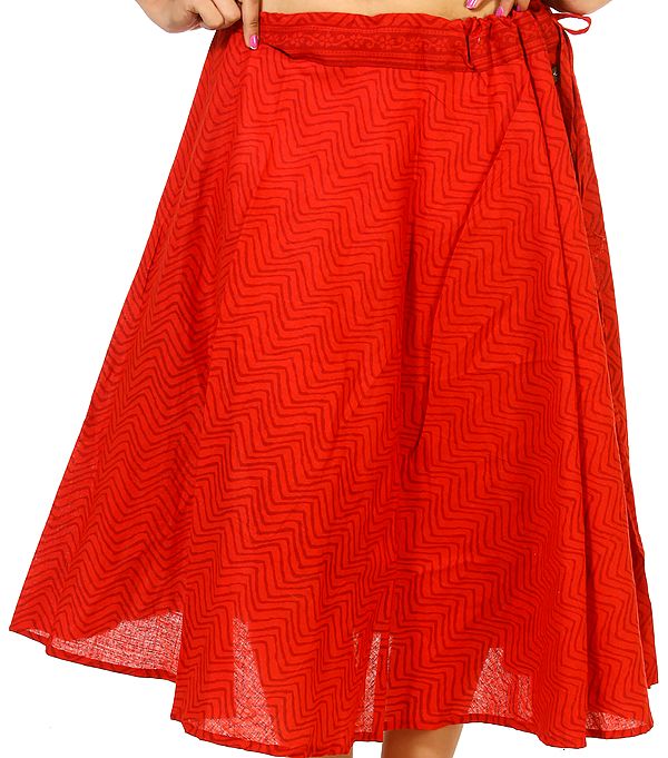 Poppy-Red Zig-Zag Printed Drawstring Skirt