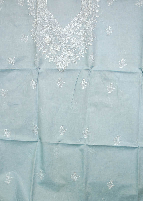 Powder Blue Salwar Suit Fabric with All-Over Lukhnavi Chikan Embroidery