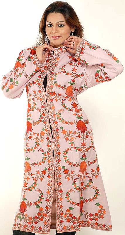 Powder-Pink Crewel Embroidered Long Floral Jacket from Kashmir