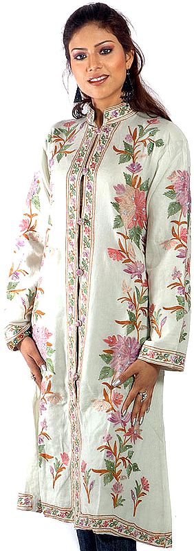 Powder-Green Long Kashmiri Jacket with All-Over Flowers and Sequins