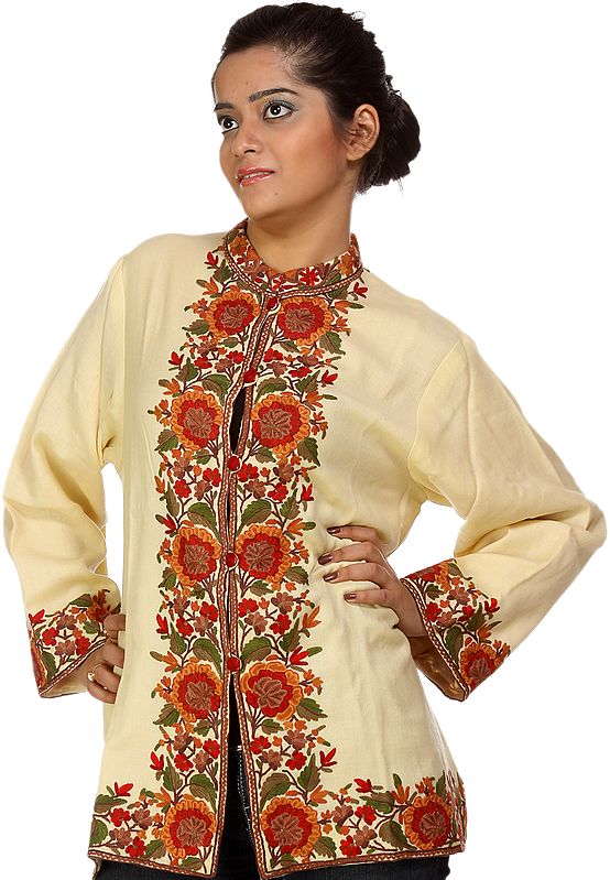 Powder-Lemon Kashmiri Jacket with Aari Embroidered Flowers by Hand