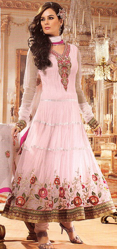 Powder-Pink Designer Choodidaar Flaired Suit with Crystal, Zardozi work Embroidery on Neck and Patch Border