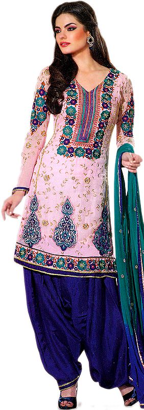 Powder-Pink Designer Salwar Kameez with Metallic Thread Embroidery,Sequins and Patch Border
