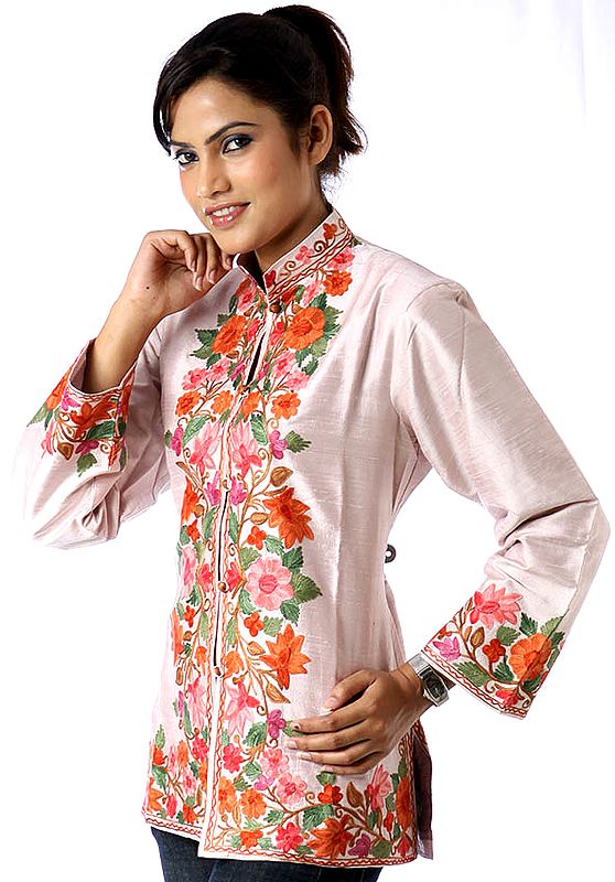 Powder-Pink Kashmiri Jacket with Embroidered Flowers on Border
