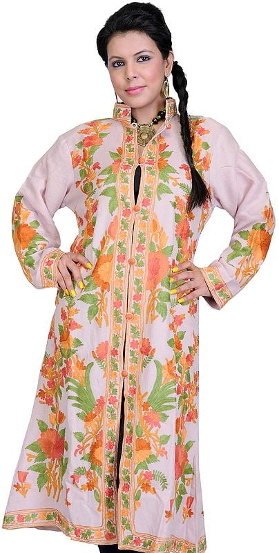 Powder-Pink Kashmiri Long Jacket with Aari Embroidered Flowers