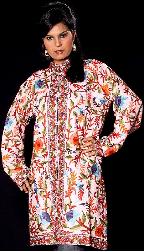 Powder-Pink Long Silk Jacket with Aari Embroidered Flowers