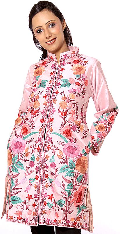 Powder-Pink Long Silk Jacket with Embroidered Tulips