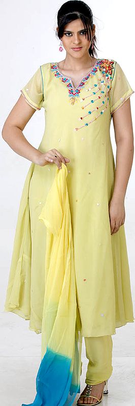 Powder-Yellow A-Line Salwar Kameez with Sequins and Threadwork