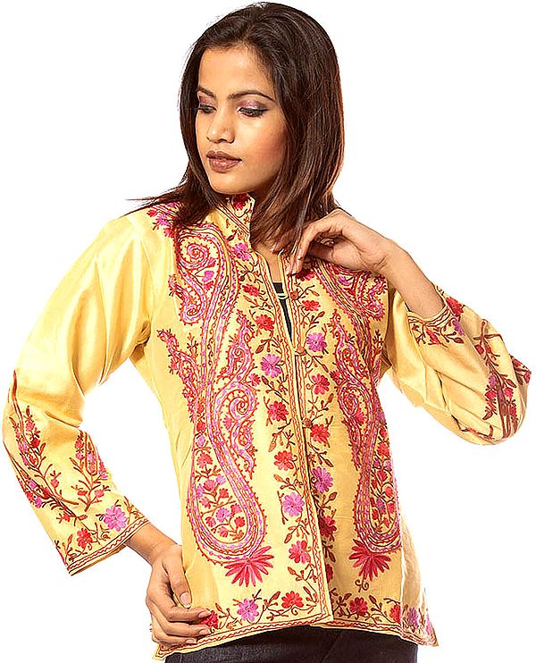 Powder-Yellow Jacket with Crewel Embroidered Paisleys