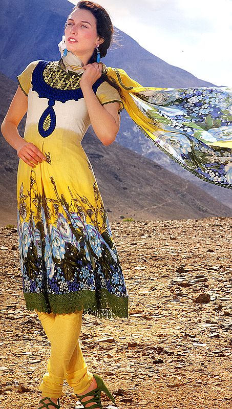 Primrose-Yellow Long Salwar and Choodidaar Suit With Printed Flowers and Crochet Border