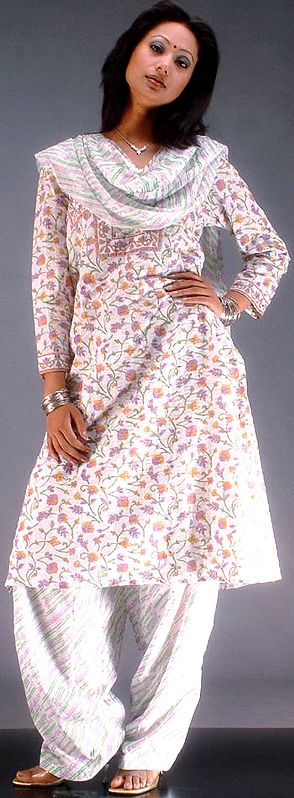 Printed Floral Suit with Chiffon Dupatta