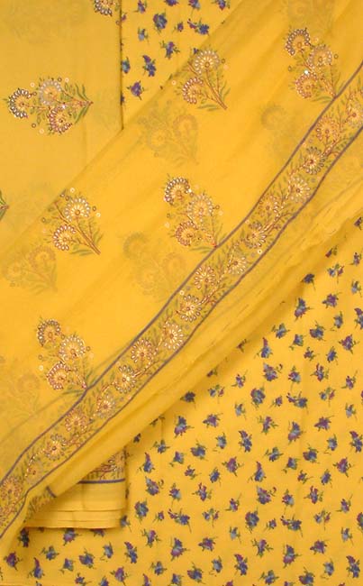 Printed Lemon Yellow Suit with Thread Work
