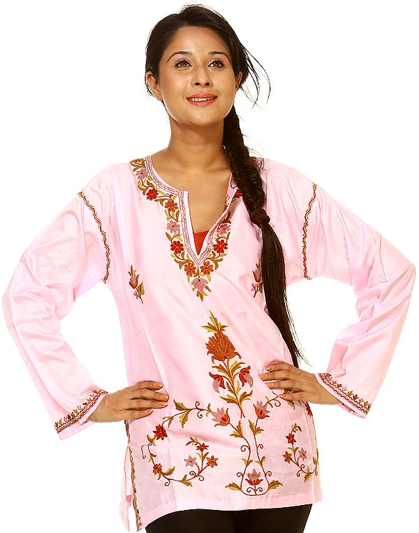 Prism-Pink Kashmiri Kurti with Aari Embroidered Flowers