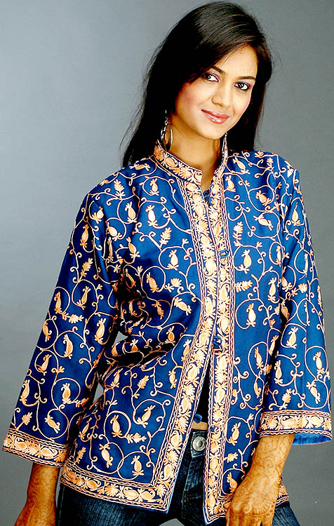Prussian-Blue Jacket from Kashmir with All-Over Embroidery