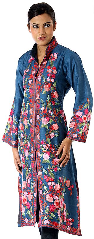Prussian-Blue Long Silk Jacket with Crewel Embroidered Flowers