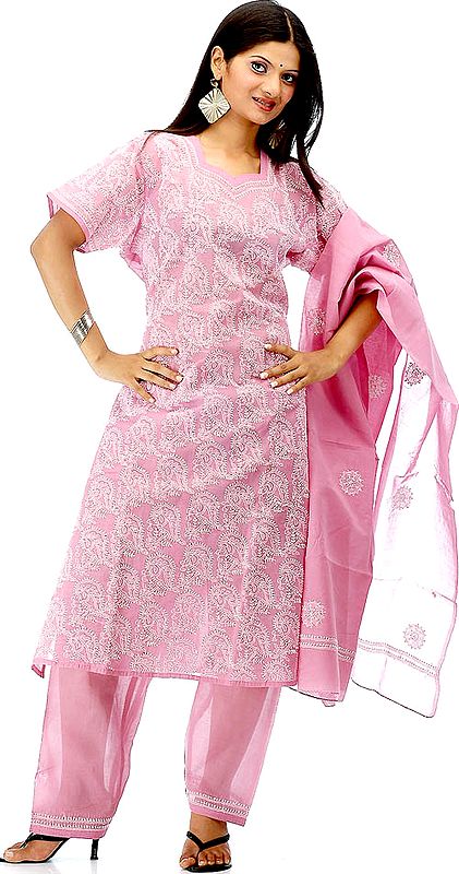 Puce Pink Salwar Kameez with All-Over Lukhnavi Chikan Embroidery