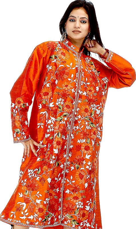 Pumpkin Orange Long Silk Jacket with All-Over Flowers