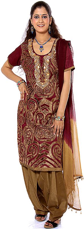 Purple and Beige Choodidaar Suit with Appliqué Work and Embroidered Beads
