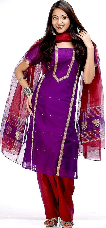 Purple and Brown Chanderi Suit with Golden Bootis