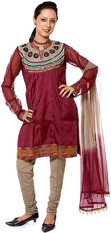 Purple and Gray Choodidaar Suit with Beads and Floral Embroidery