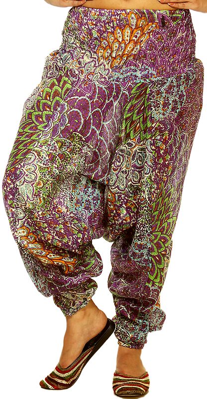 Purple and Green Printed Harem Trousers