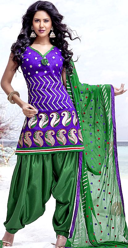 Purple and Green Salwar Kameez Suit with Aari Embroidered Paisleys