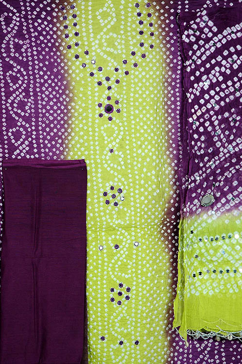 Purple and Lime Green Bandhani Suit from Gujarat