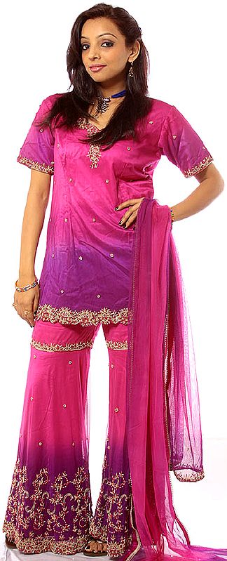 Purple and Magenta Shaded Sharara Suit with Embroidered Sequins and Beads