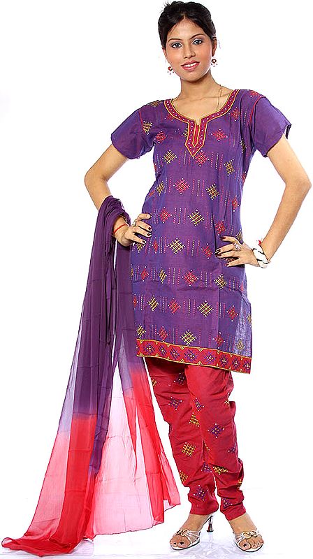 Purple and Ruby Choodidaar Suit with All-Over Embroidery