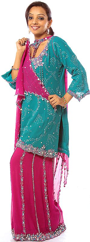 Purple and Teal Sharara Suit with Embroidered Sequins and Beads