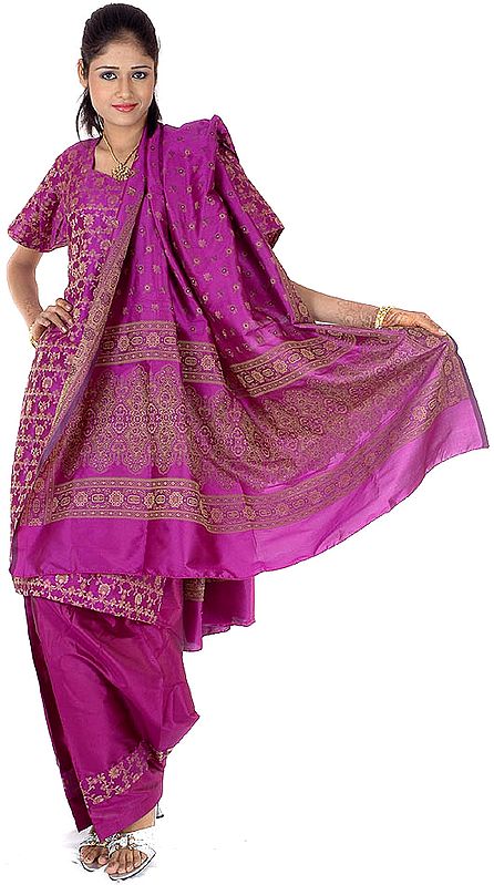 Purple Banarasi Salwar Kameez with All-Over Floral Weave